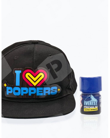 Pack Casquette LED "I LOVE POPPERS" + Everest Premium Ultra Strong 15 ml. - Vue de face