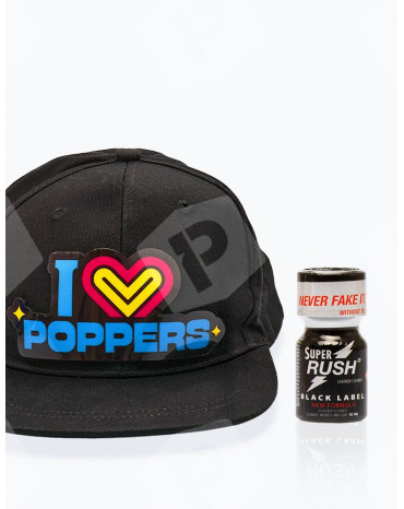 Pack Casquette LED "I LOVE POPPERS" + Super Rush Black Label 10 ml - Vue de face