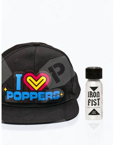 Pack Casquette LED "I LOVE POPPERS" + Iron Fist 24 ml - Vue de face
